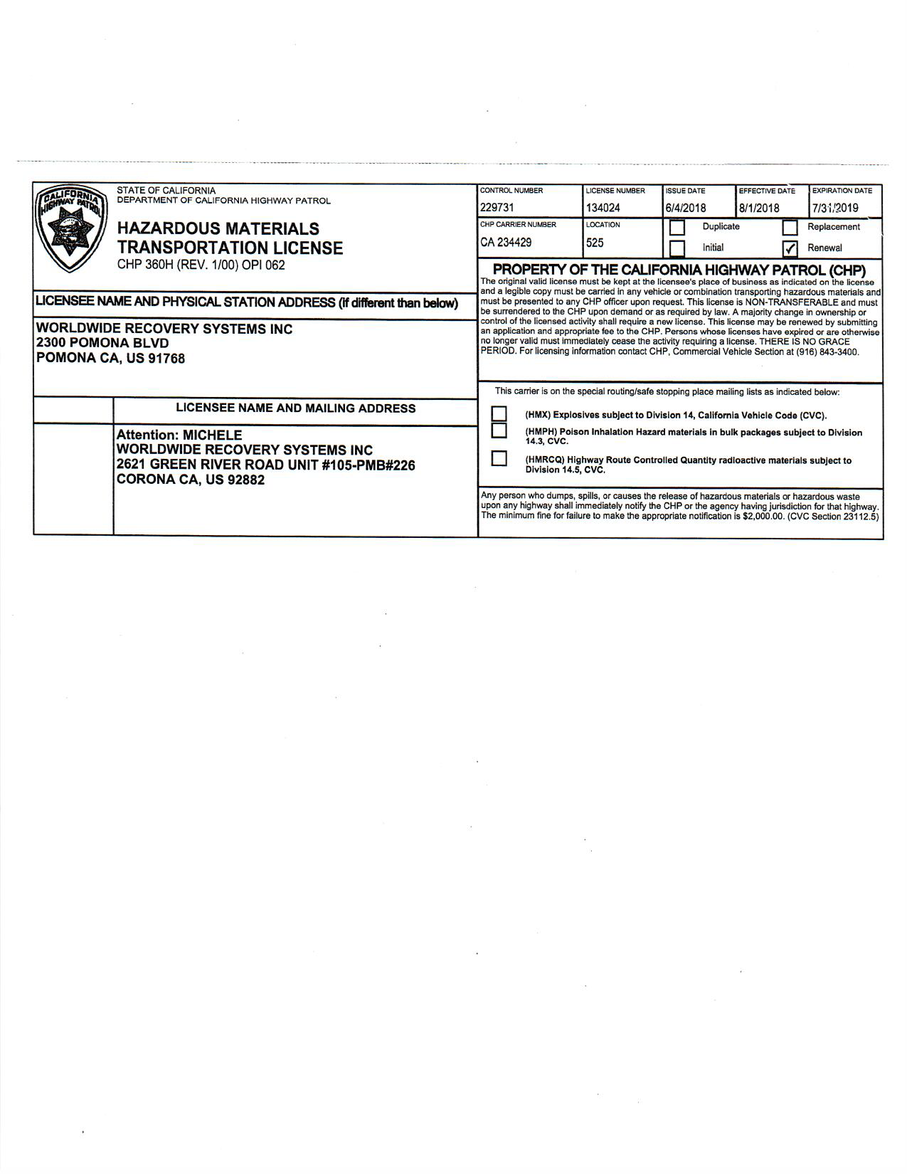CHP Hazardous Metals Transportation License