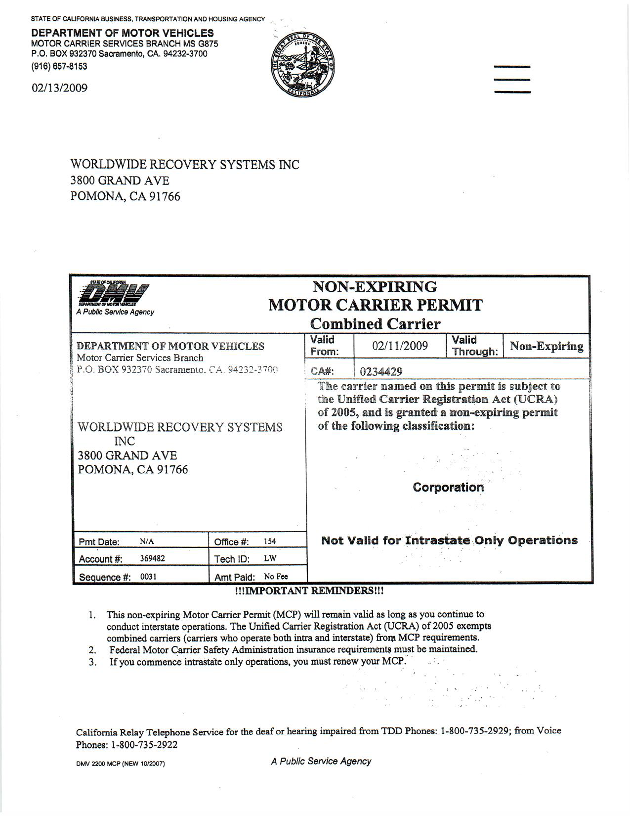 DMV Motor Carrier Permit